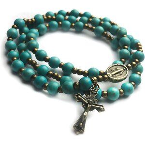 Turquoise Stone Catholic Rosary Bracelet for Women with Miraculous Medal Charm